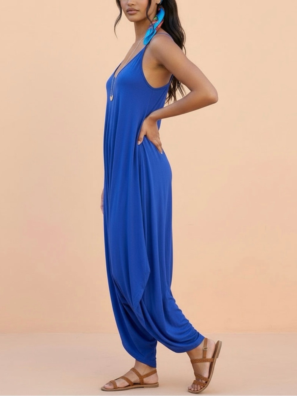 Stretchy Royal Blue V-Neck Harem Jumpsuit Romper